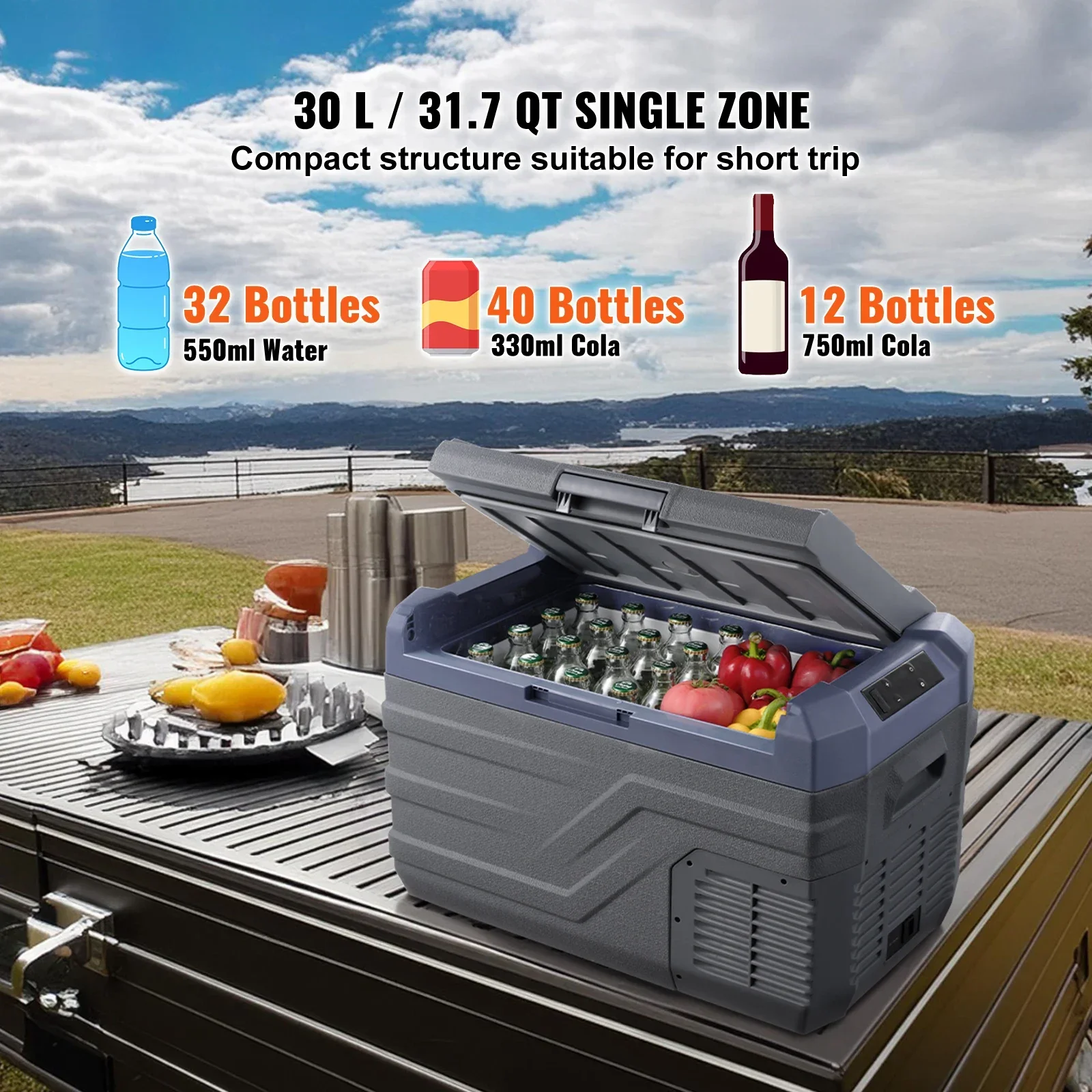 30L 37L 45L Single Zone Portable Compressor Car Refrigerator, Built-in Light Freezer Cooler for Outdoor Camping RV Travel