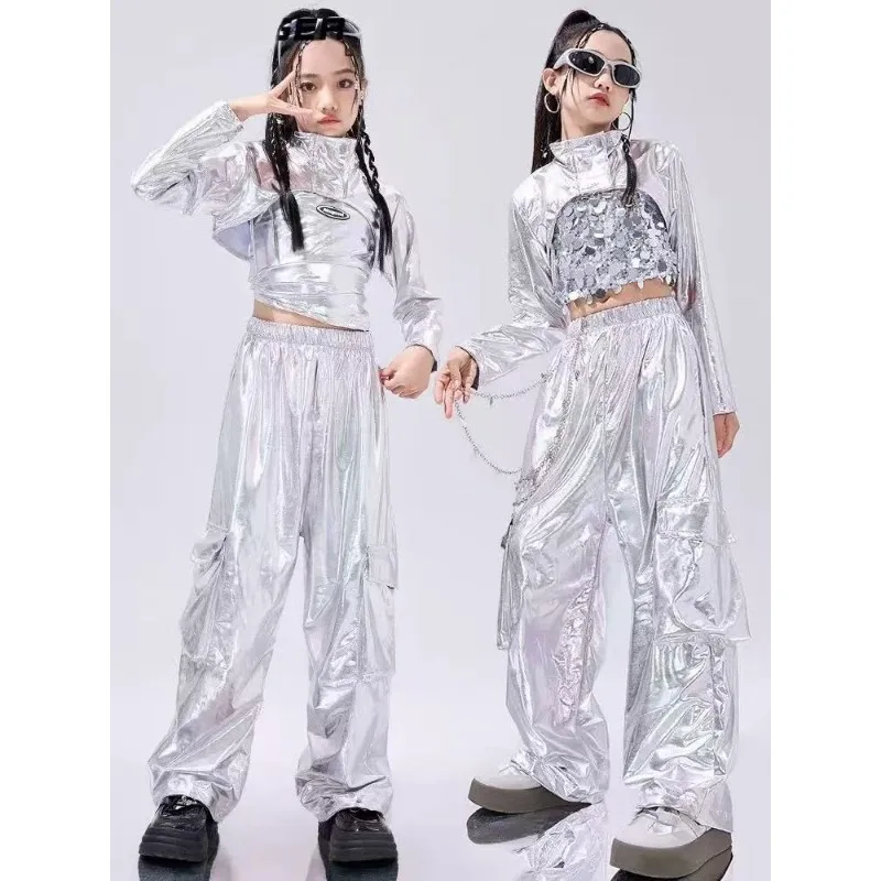 Ubrania do tańca hip-hopowego odblaskowy strój Rave zestawy dziewczęce stroje do tańca jazzowego festiwal krótkie bluzki spodnie Cargo wybieg kostium pokazowy