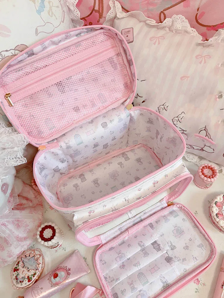 

Cartoon Bear Printed Makeup Bag Anime Cute Large Capacity Storage Bag Portable Handheld Waterproof Travel Pink PU Storage Bag
