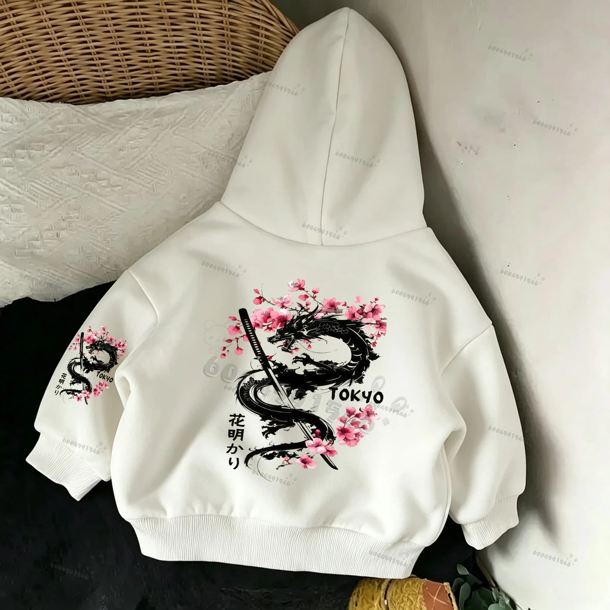Kids Gray Hoodie Japanese Sakura Dragon Print Boys Casual Sweatshirt