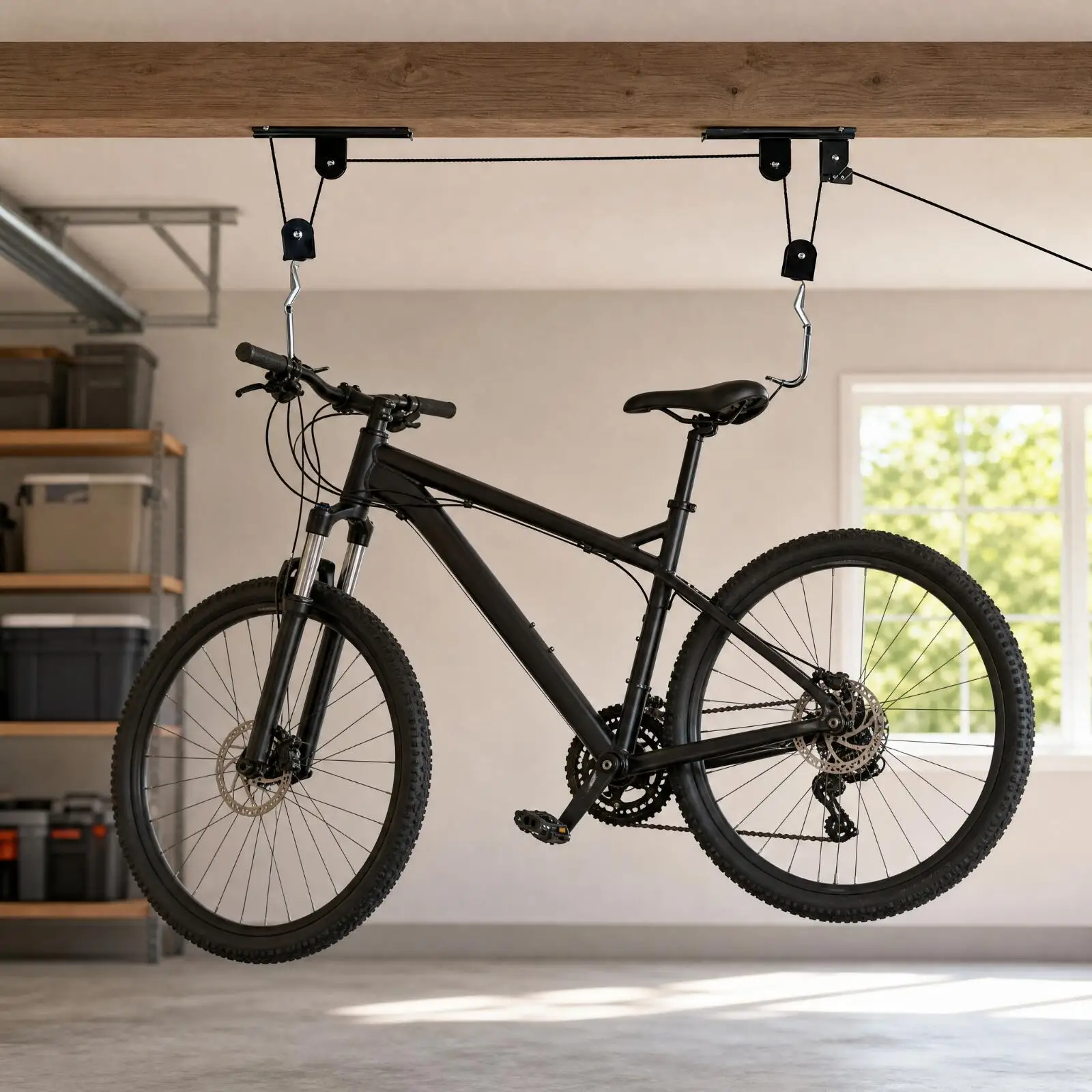 Black Iron Bicycle Ceiling Hoist Rack Wall Mounted Pulley Lift for Compact Garage Bike Storage
