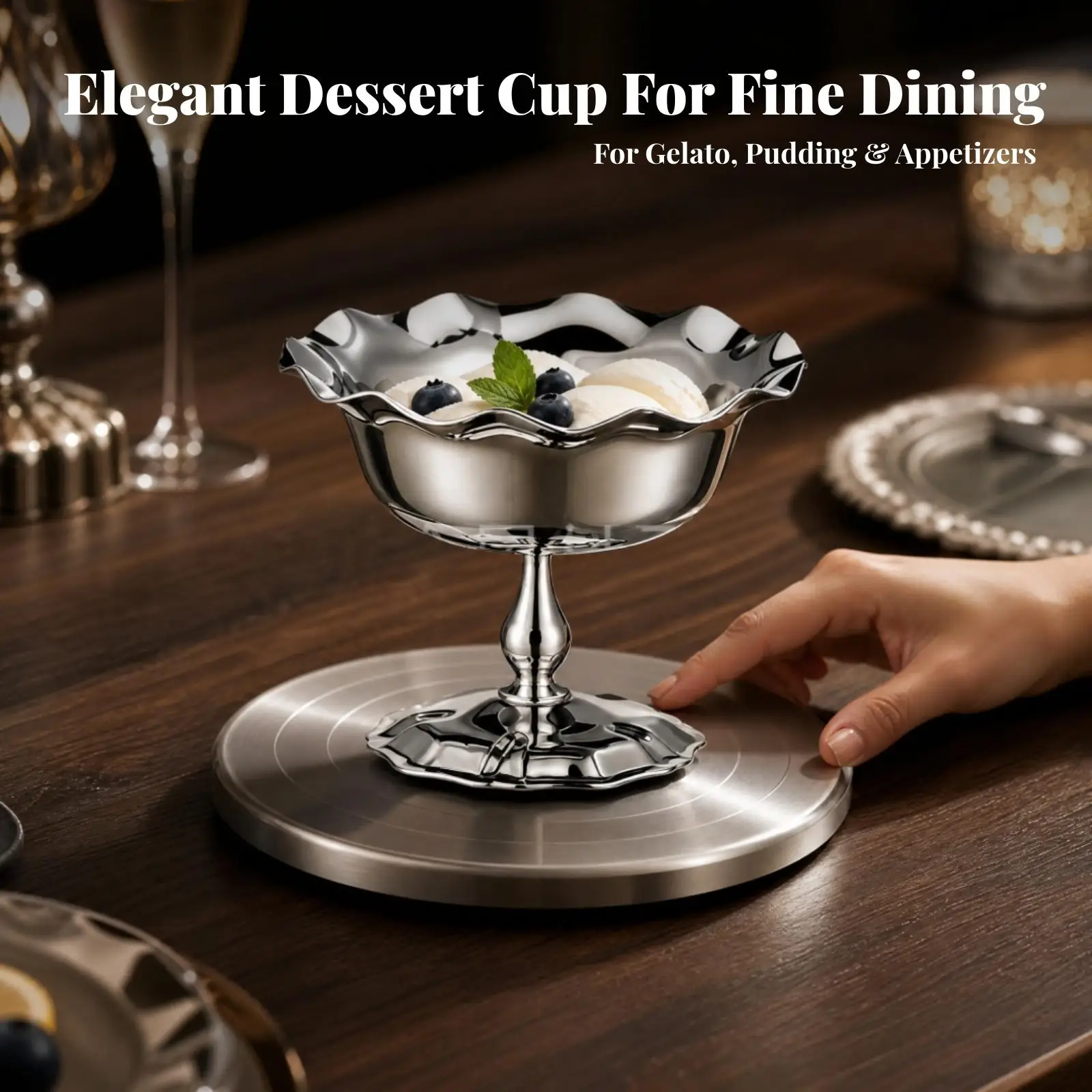 Bol à dessert rotatif interactif, coupe de service sur pied pour la présentation de glaces, gâteaux et fruits