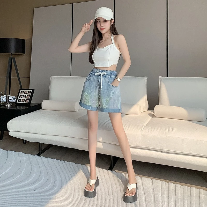 New Fashion Women Denim Shorts Crystal Embellished Elastic Waist and Tie Design Comfort Wear