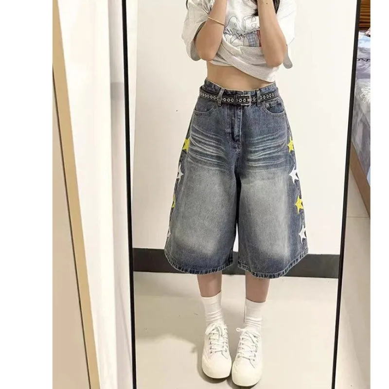 High Waist A-Line Five-Point Denim Shorts Women Summer plus Size Loose Straight Leg Wide Leg Mid-Length Pants Casual Wear