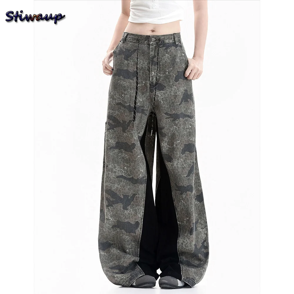 Women's Wide-Leg Pants Street Camouflage Army Green Colorblock Baggy Denim Jeans Women Drawstring Waist Floor-Length Trousers