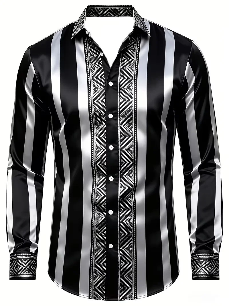 New black and white vertical stripe geometric woven long sleeved shirt, light luxury business men's casual shirt