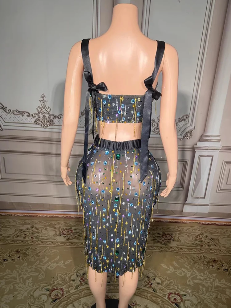 Haute qualité strass gland Sexy poitrine enveloppement + voir à travers maille jupe 2025 nouveaux vêtements pour femmes personnalisés à la mode