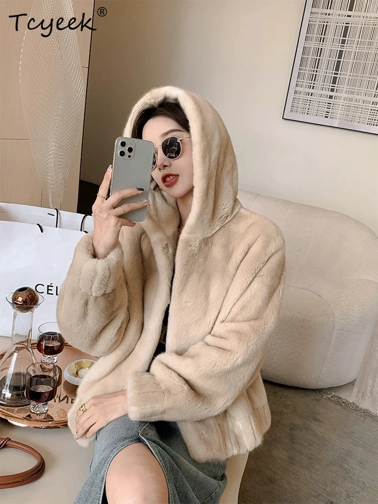 Tcyeek Natural Female Mink Fur Coat Woman Clothes Fashion Winter Jacket Women Real Fur New in Coats Hoodie Warm Шуба Женская