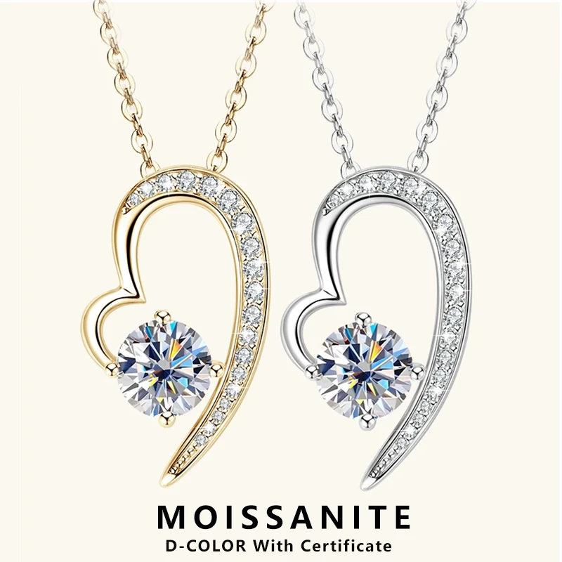 

Lnngy 925 Sterling Silver Heart Shape Pendant Necklaces Round Cut 6.5mm Moissanite Necklace for Women Wedding Jewelry Gift