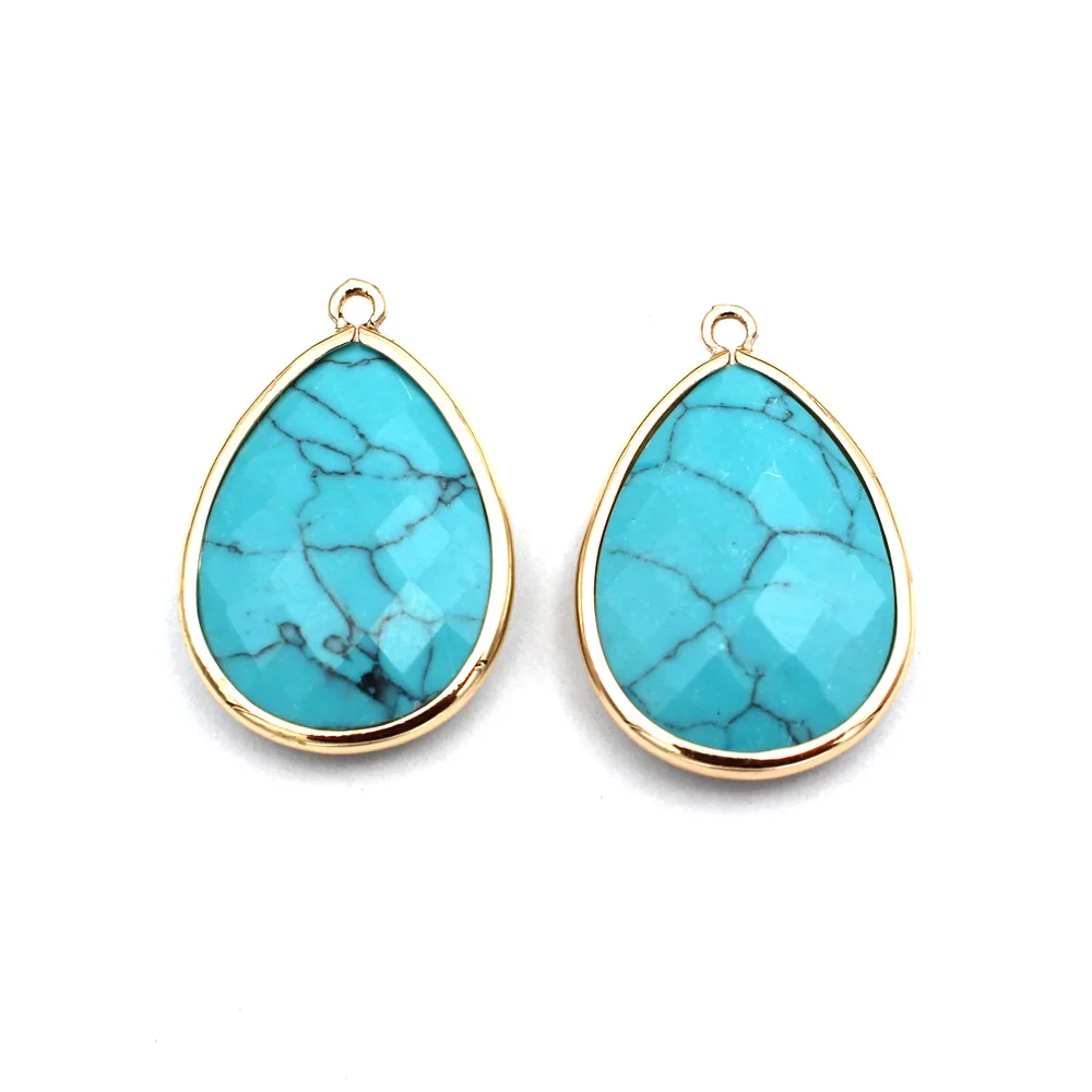 10pcs Gold Plated Double Faceted Drops Stone Pendants Turquoise Rose Quartz Blue Red Jade Stone Charms For DIY Necklace Jewelry