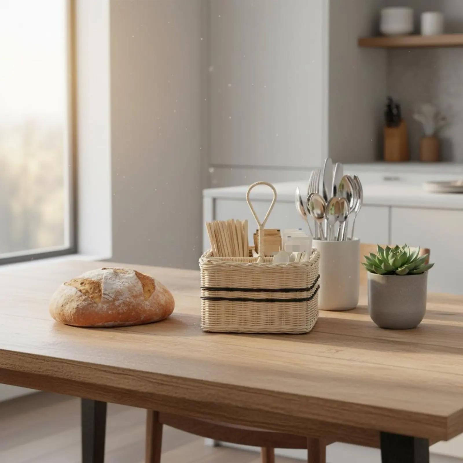 

Woven Utensil Holder Divided Compartments Rattan Cutlery Holder Silverware Holder Handmade Flatware Organizer Easy to Carry