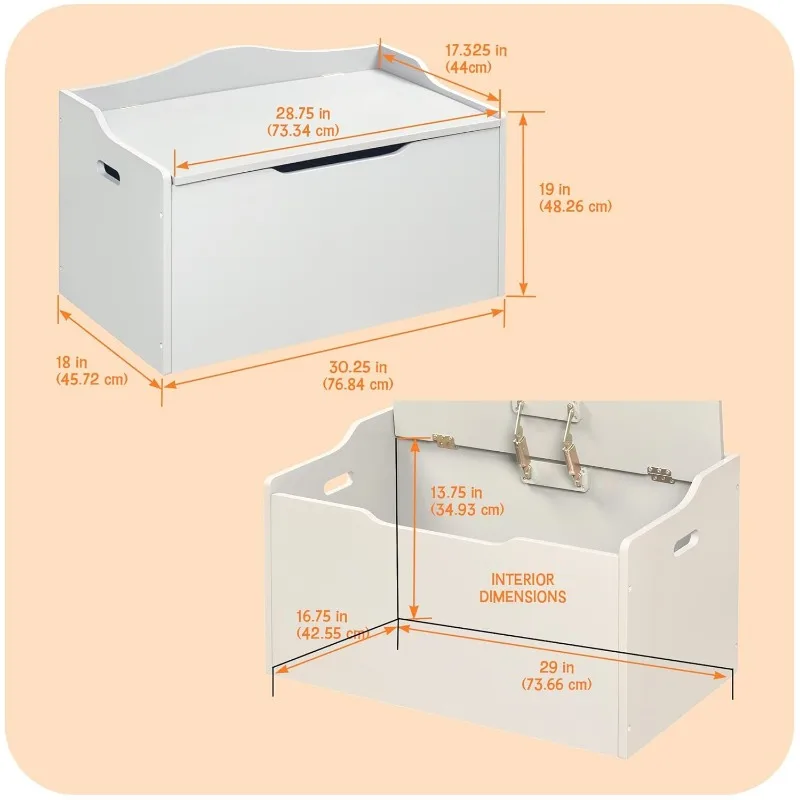 Bench-Top Wooden Toy Box in White – Safe Storage Chest with Dual Safety Hinges, Side Handles, and Front Slot