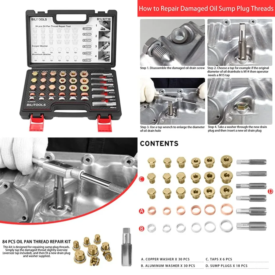 

84-Piece Oil Pan Drain Plug Thread Repair Kit M13 M15 M17 M20 M22,A comprehensive set of high quality taps, copper washers, aluminum washers and sump plugs for the repair of oil plug drain threads.