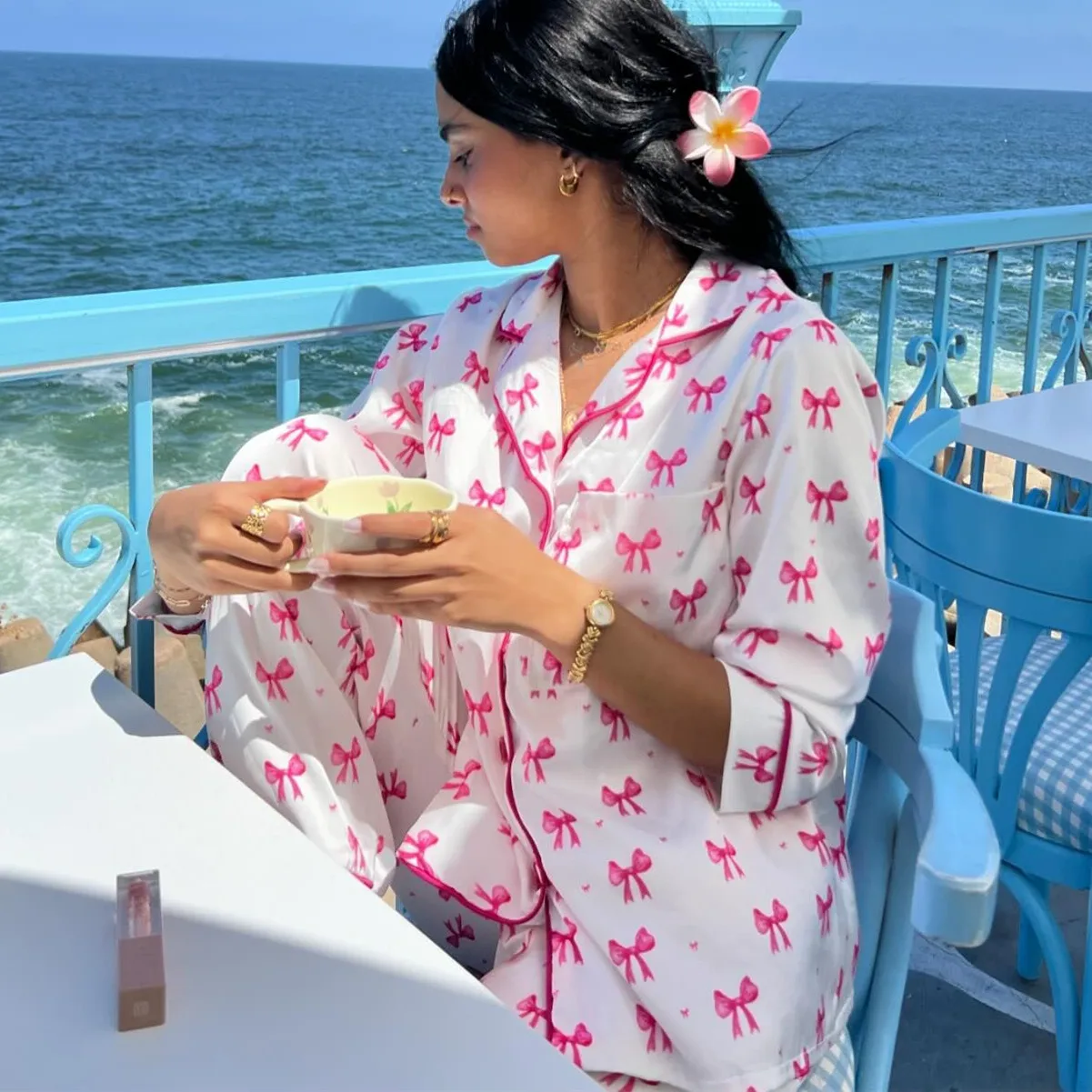 

Fashion Women's 2 Piece Lounge Set Long Sleeve Lapel Bow Bear Print Shirts Blouse and Long Pants Casual Sleepwear Sets