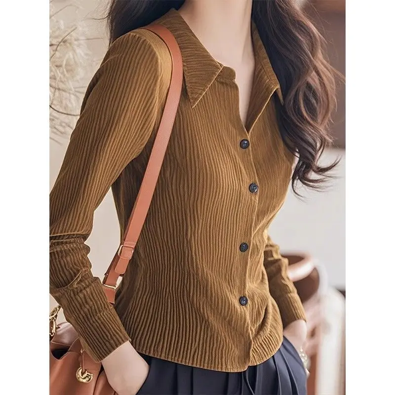 Autumn and Winter Fashion Western-style Niche Unique Exquisite Super Beautiful Maillard Corduroy Long Sleeved Shirt