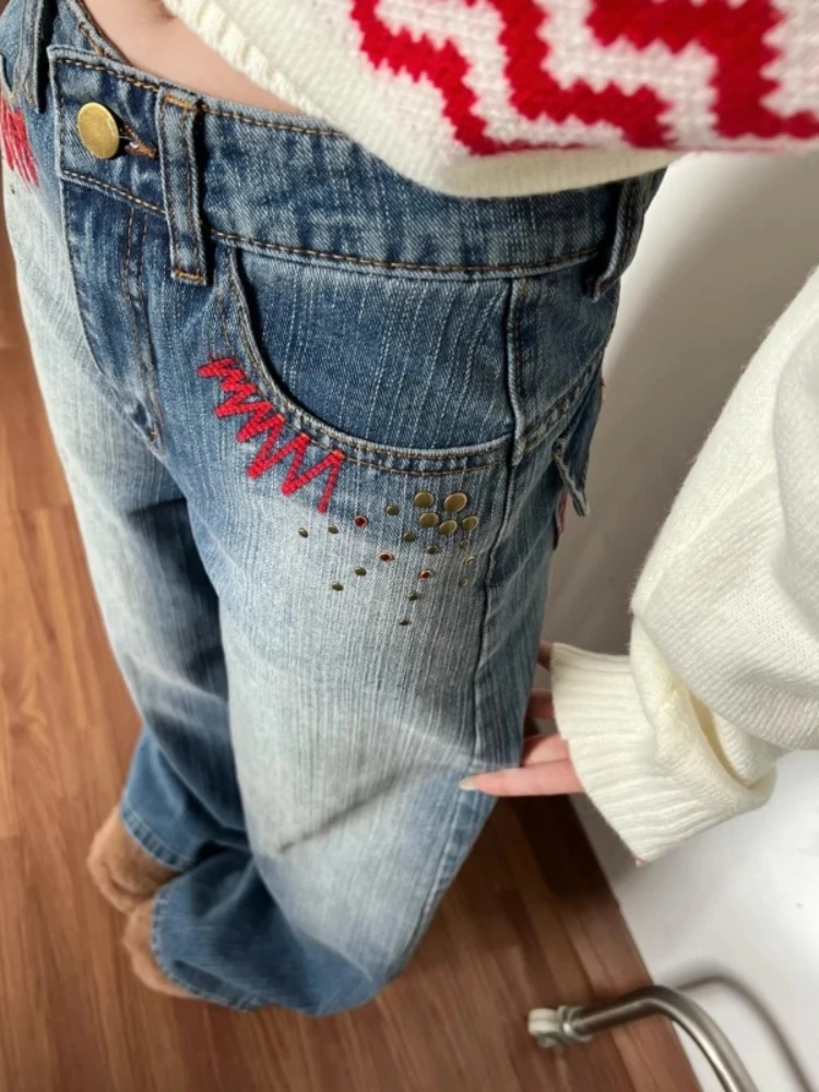 Streetwear Casual Y2K Red Embroidered Studded Jeans Low Rise Wide Leg Trousers Women Wash Distressed Denim Fashion Popular Pants