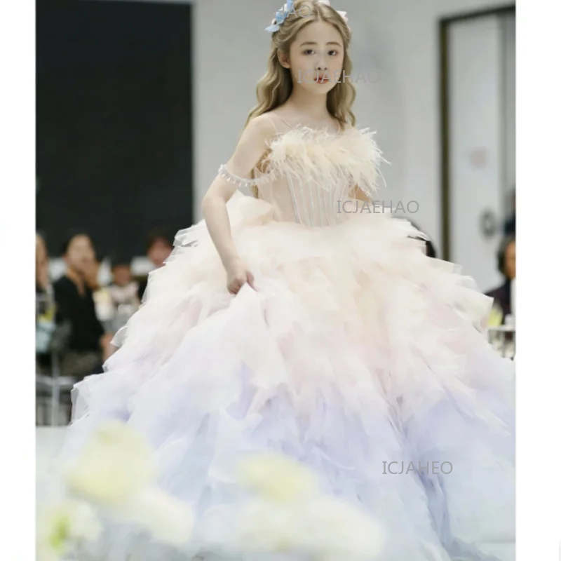 Kids Girls Host Birthday Elegant Fashion Princess Tutu Formal Dress Flower Girl Wedding Piano Children Performance Gown Costume