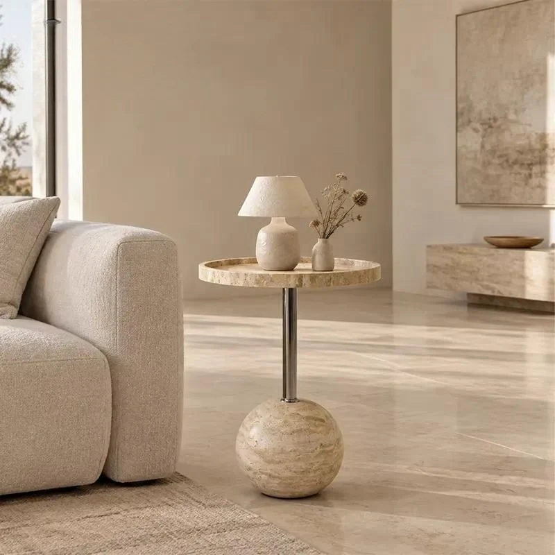 Modern Limestone Entrance Table with Polished Metal Legs and Distinctive Edge Design for Living Room Bedroom Hotel Lobby