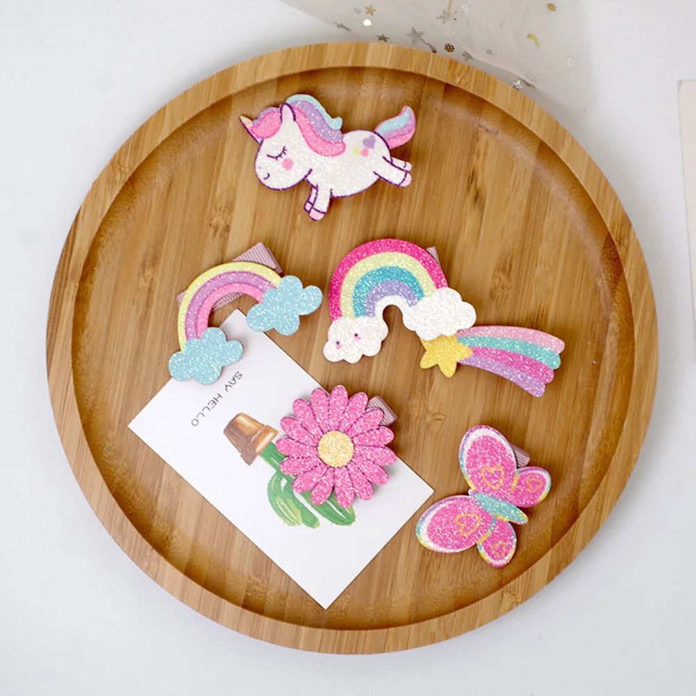 6개 반짝이 머리핀 유니콘 만화 사이드 클립 헤어핀 파티용 헤어 액세서리