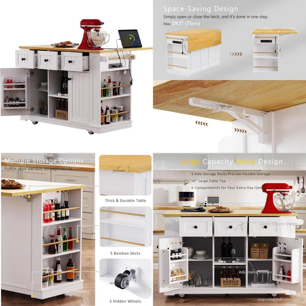 "Functional Kitchen Island with Drop Leaf, 3 Drawers, Breakfast Cart, Power Outlet, and Large Storage"