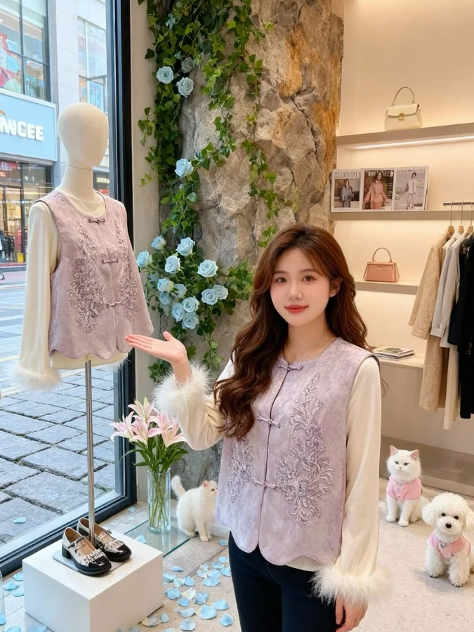 

Retro Chinese Sle Embroidered Sequin Buttonl Vest Top Svel Tang Suit Outerwear Polyester Fiber Regular Thin