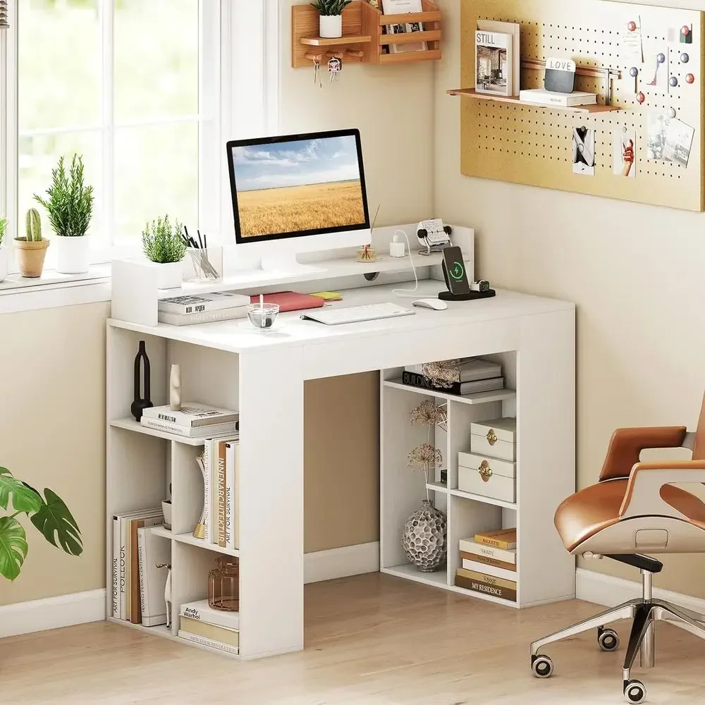 43 Home Office Desk with Storage, Charging Station, and 3-Tier Bookshelf for Computer, Study, or Bedroom Use