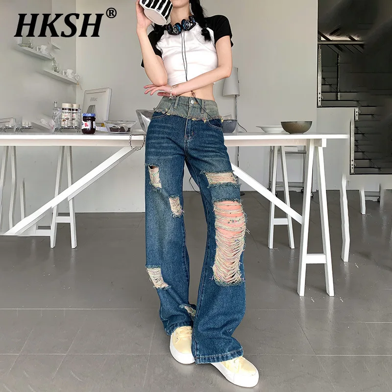 HKSH Summer New Women's Tide Punk Broken Hole Spiced Hairy Edge High Waist Jeans Loose Straight Wide Leg Floor Denim Pants H2568