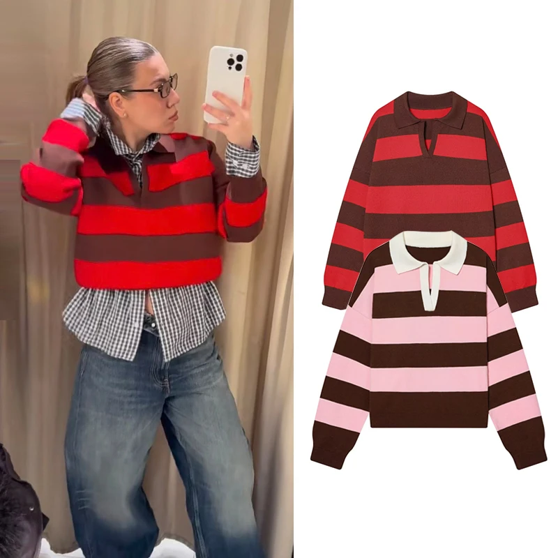 

Knitted Striped Pullover Women's Sweater 2025 New Fashion Loose Polo Neck Pullover Tops Women's Autumn Warm Youth Travel Tops