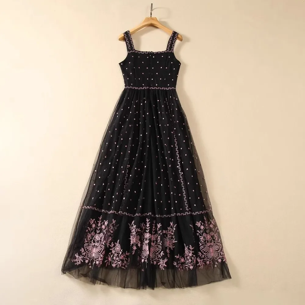 Vestido de malla transparente con bordado de flores y lunares para mujer, traje de verano con Espalda descubierta, tirantes finos