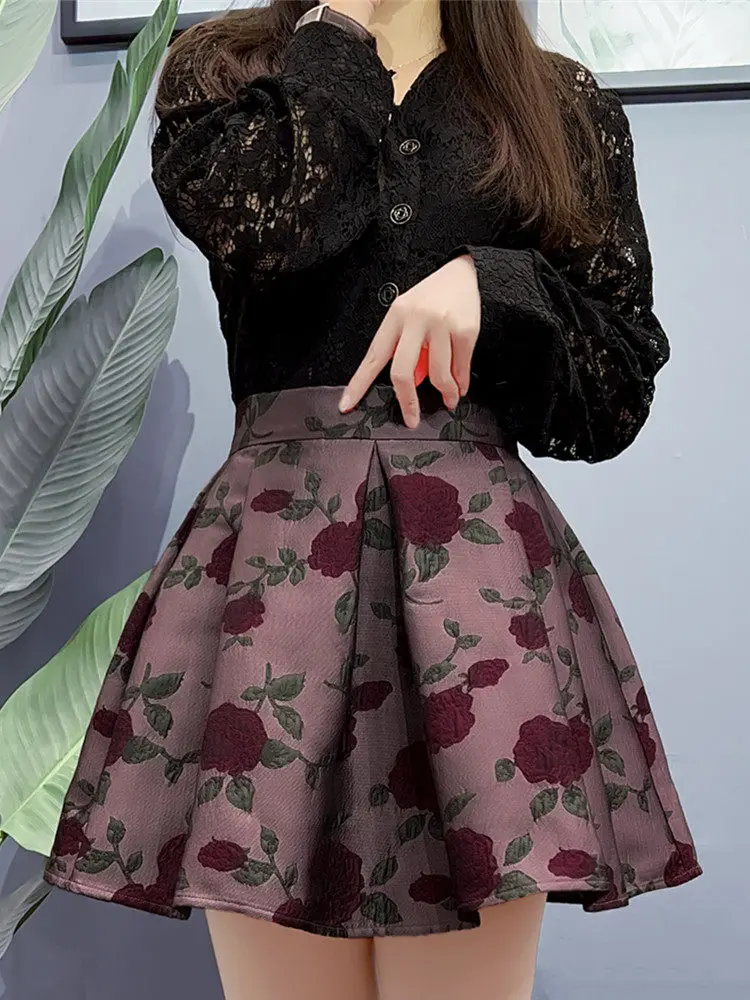 Korea New Spring Summer Rose Jacquard Short A-line Skirt All-match Elegant High Waist Vintage Mini Pleated Skirt Dating Shopping