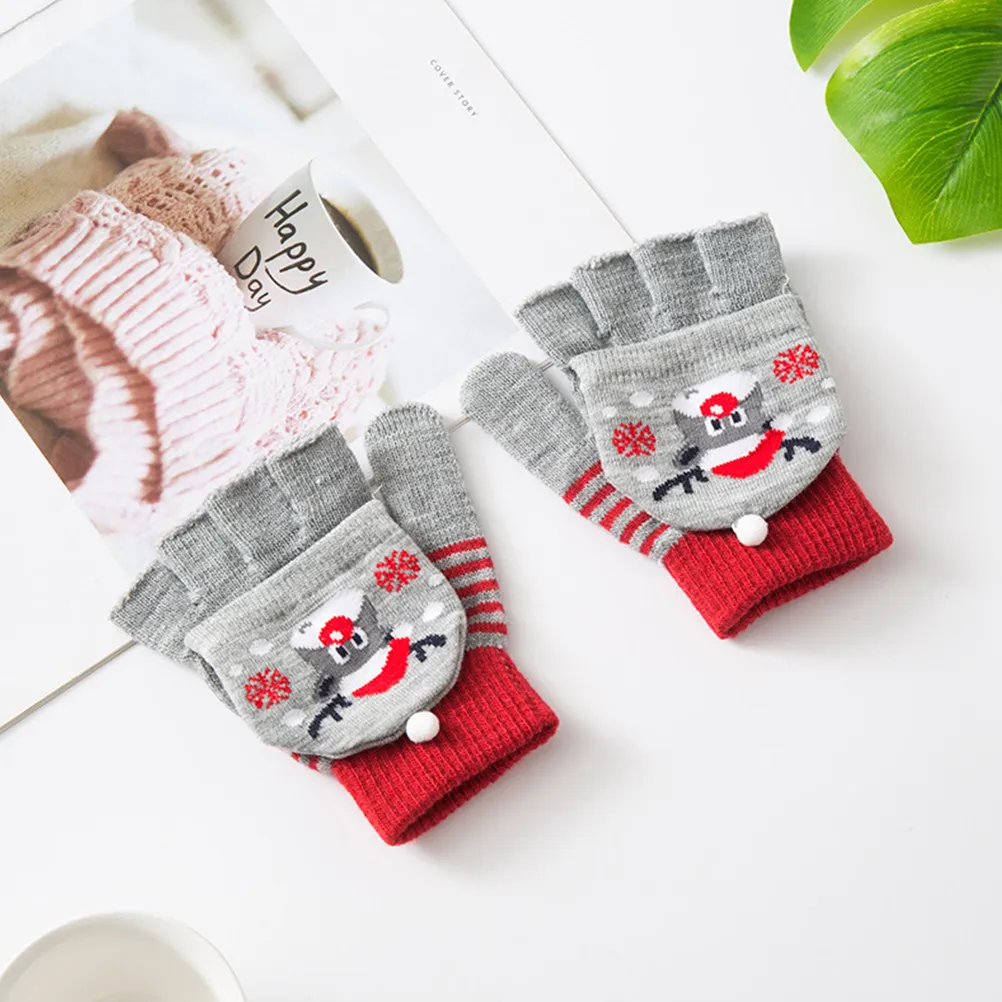 

1Pair Children Grey Winter Gloves Christmas Pattern Snow Sports Mittens Warm Knitted Gloves for Cold Weather Outdoor