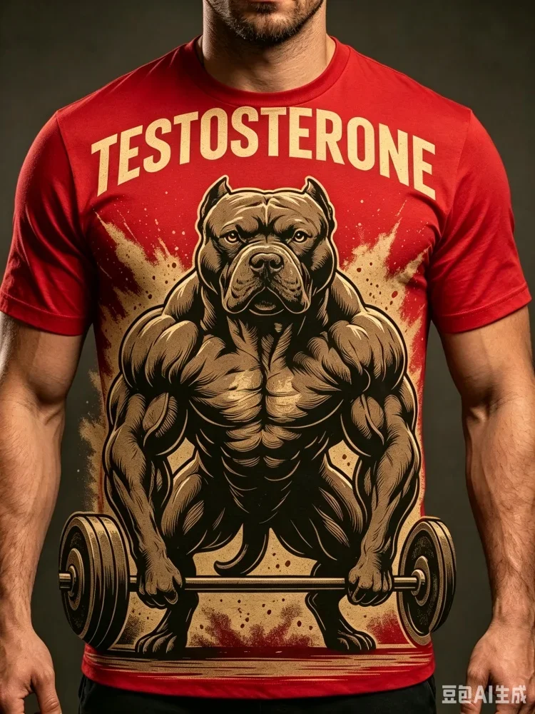 Fashion New Men's Muscular Pit Bull Testosterone Print T Shirt Crew Neck Short Sleeve Gym Casual Streetwear Tee Tops