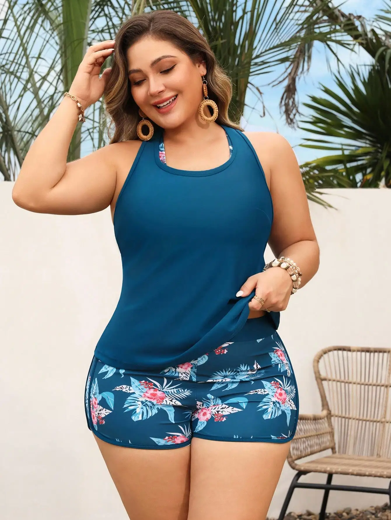 Plus Size Women 3 Piece Swimsuit Set Floral Print Sleeveless Cover Up Racerback Bra Top And Shorts For Beach Pool