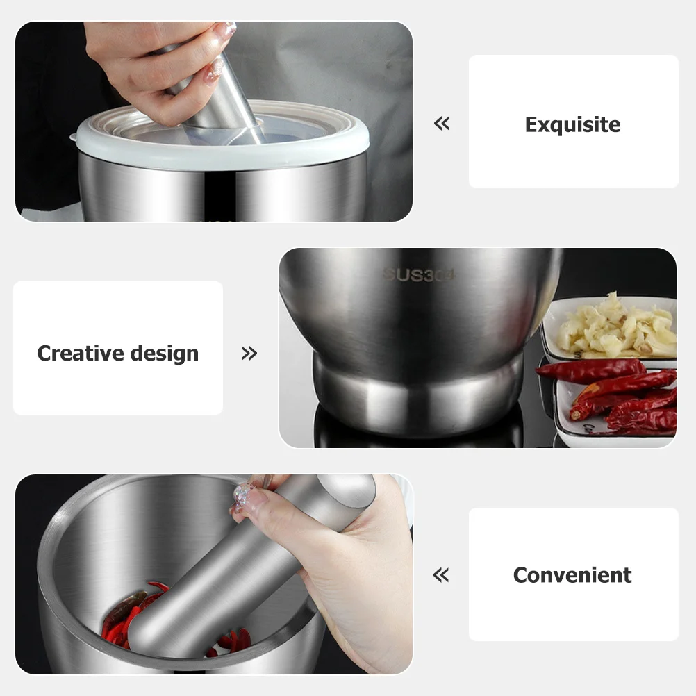 

1Set Stainless Steel Mortar Pestle Set Heavy Duty Spice Grinder Non Slip Base Easy to Use and Store Multifunctional