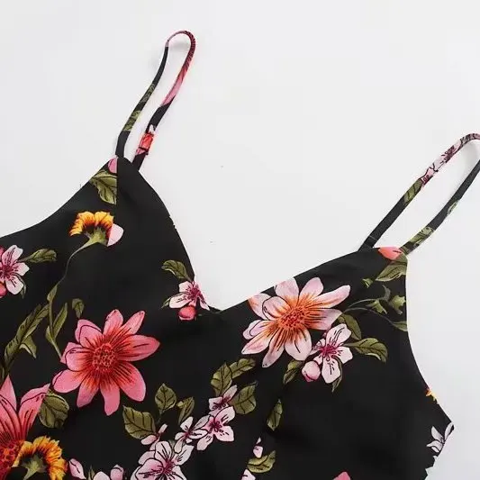 

ZBZR Spring New Women's Faionable High-Waist Wide-Leg Jumpsuit with Large Flower Design And Side Slits Polyester Fiber