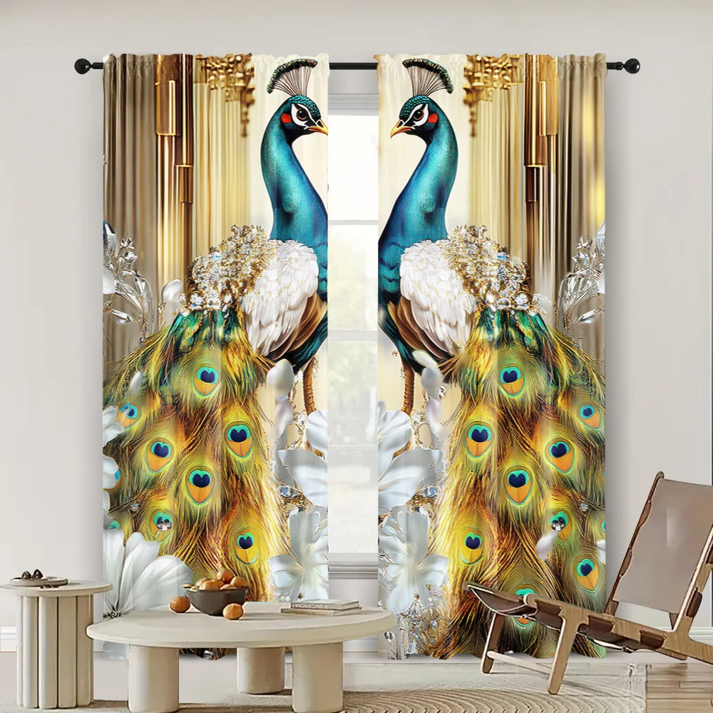 2pc, Curtains Peacock Curtain Beautiful Yellow Feather Peacock Flower Art Pattern Versatile 100% Polyester,Without Electricity