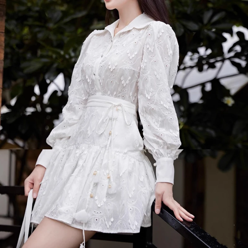 Luxury Design White Dress Sets Women Lantern Sleeve Turn-down Neck 2 Piece Sets Female Vintage Elegant Matching Sets