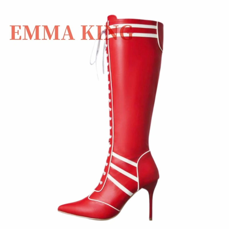 Women's Knee-High Lace-Up Heeled Boots with White Striped, Pointed Toe Stilettos Boots,Sexy Colorblock Racing Style Long Boots
