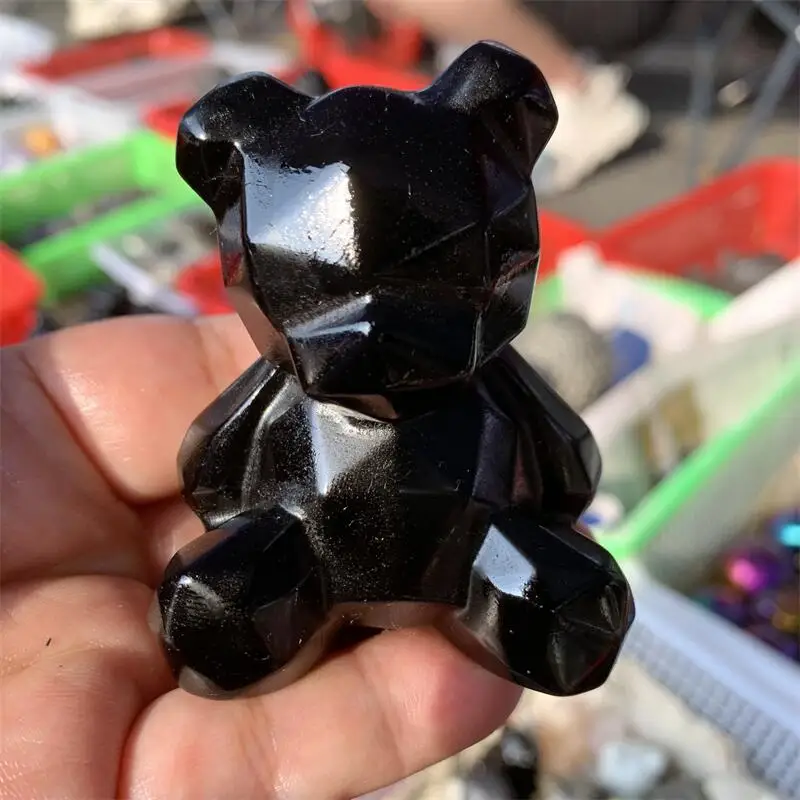 Natural Black Obsidian Cartoon Bear Carving Crystal Healing Stone Creative Holiday Gifts For Kids Home Decor 1pcs