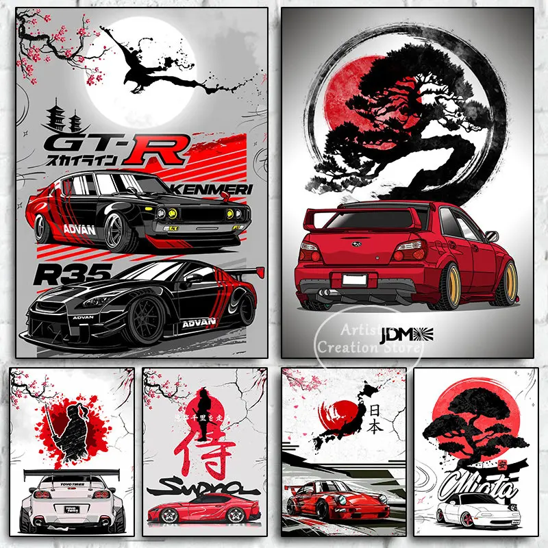 Japanese Car and Samurai Spirit Poster Nissan GTR R34 Sports Car Art Print Canvas Wall Art Pictures for Living Room Room Decor
