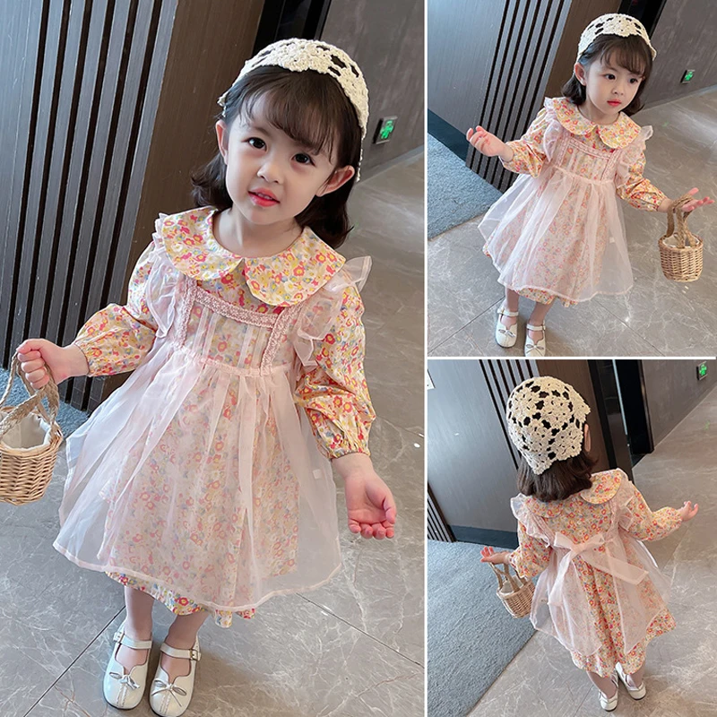 Spring Autumn New Children Girls Clothing Sets Cute Floral Dress+ Mesh Cover Dress Baby Clothes Suit Girls Fashion Kids Outfit