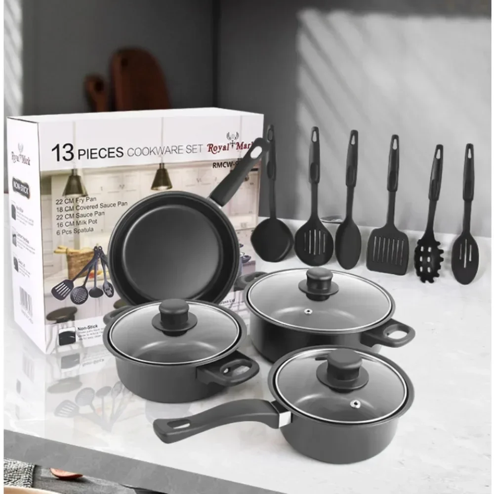 

13 Piece Cookware Set Milk Pot Soup Pot Flat Bottomed Small Frying Pan with Lid And Shovel Kitchenware Set for Cooking