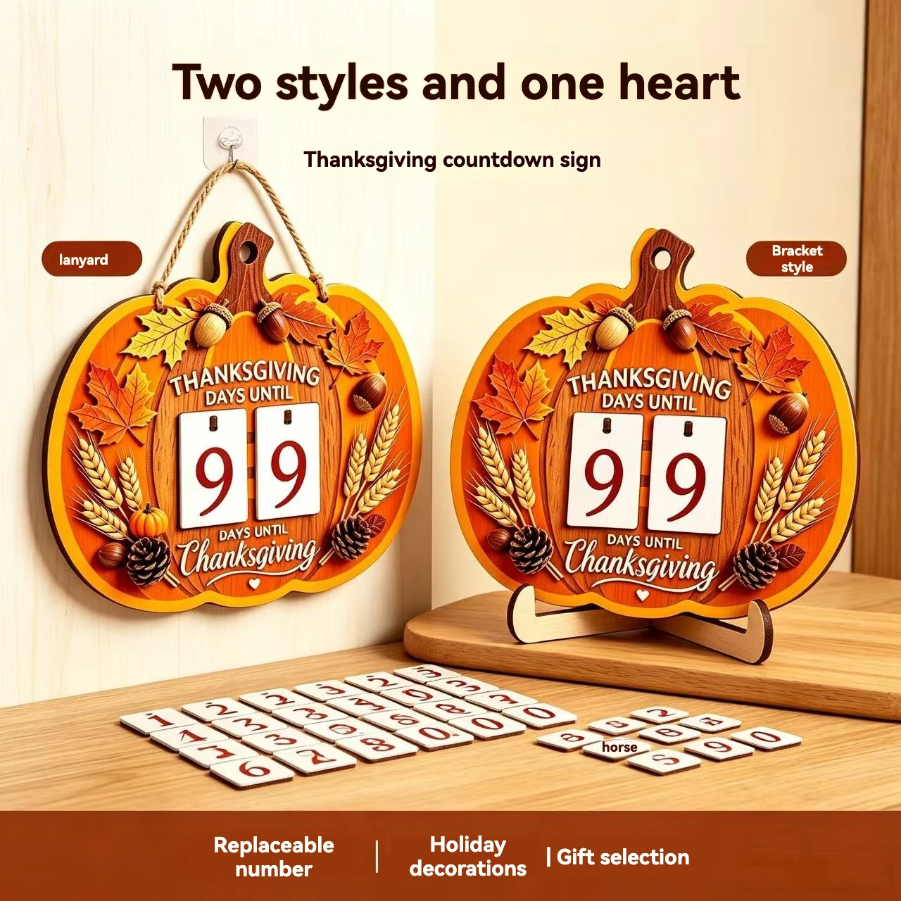 New Halloween Pumpkin Countdown Wooden Hanging Maple Leaf Oak Fruit Replacement Digital Desktop Stand Ornament