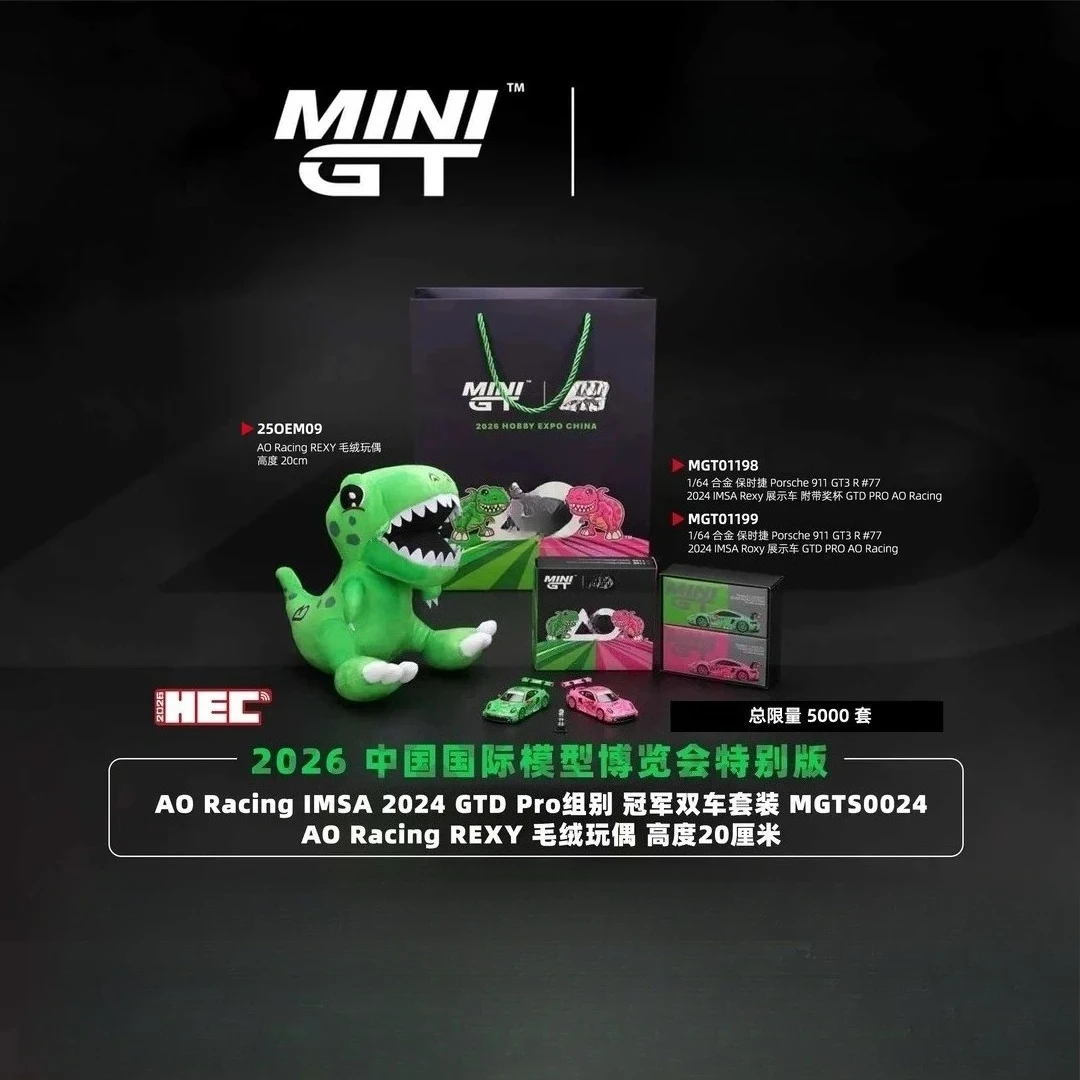 

MINIGT 1:64 # Модель автомобиля Porsche 911 GT3 R 1198, зеленый с розовым динозавром, гоночная, 2024 IMSA GTD Pro 2026, литая под давлением, из сплава HEC, миниатюрная, игрушка