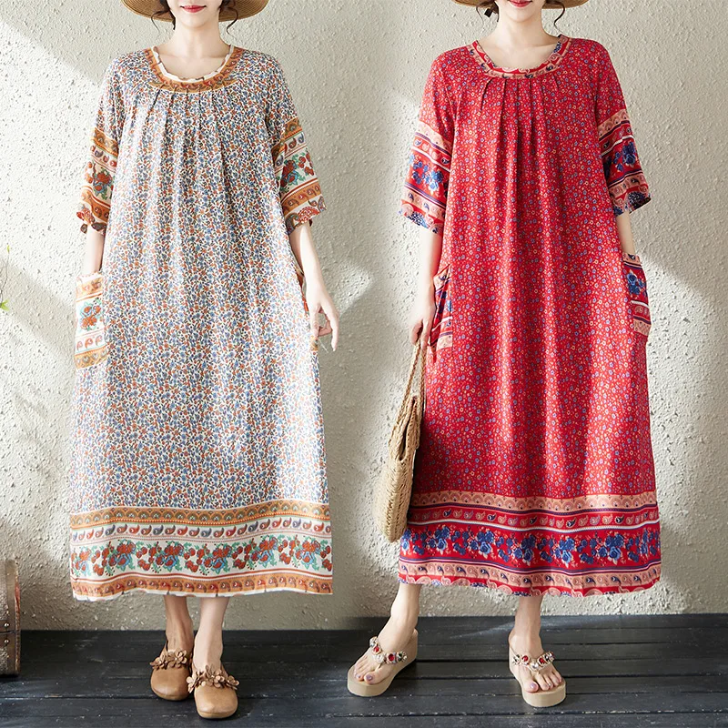 

Summer New Loose Cotton Printed Women's Dr Ethnic Sle ort Sve Knee-Length Thin Long Robe for plus Size Ladies