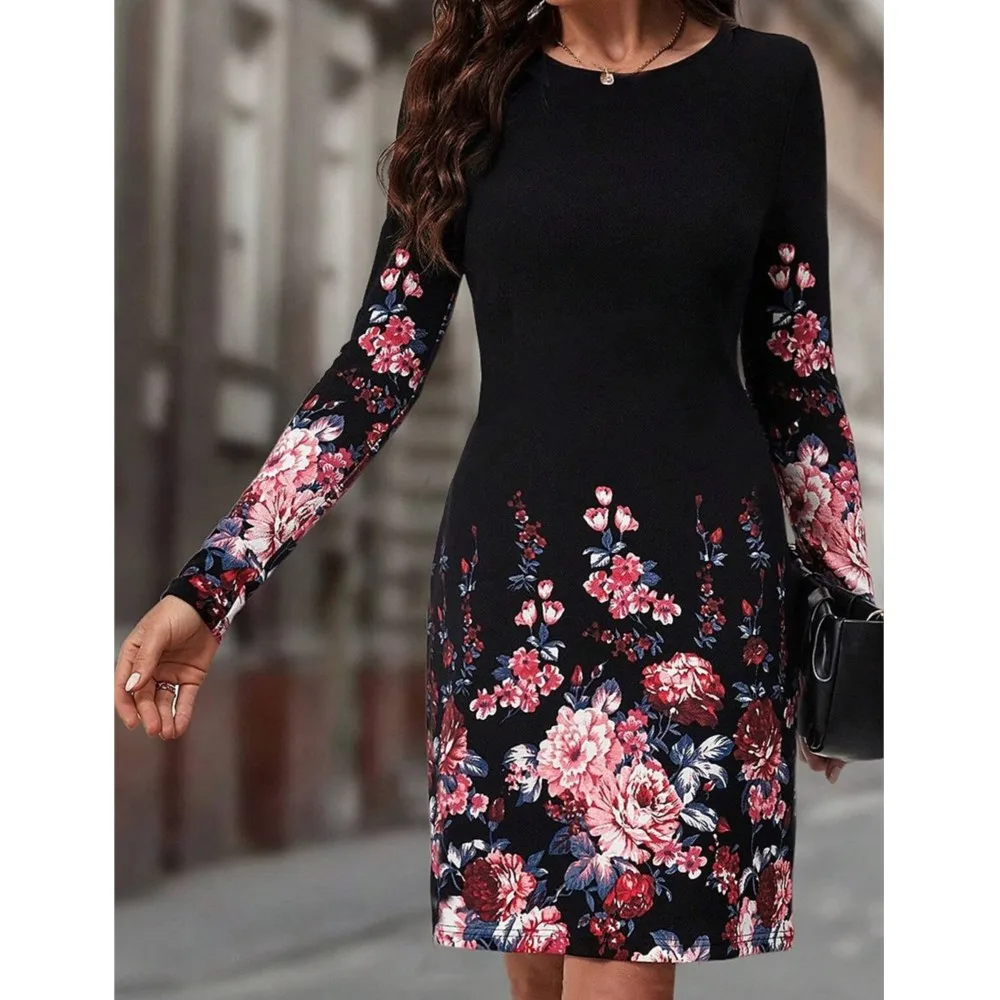 فستان بوهيمي قصير غير رسمي للنساء برقبة دائرية مطبوع عليه زهور فضفاض بأكمام طويلة تي شيرت فستان ملابس الشارع الشهير ЛТНЕЙ Жеыыыыы