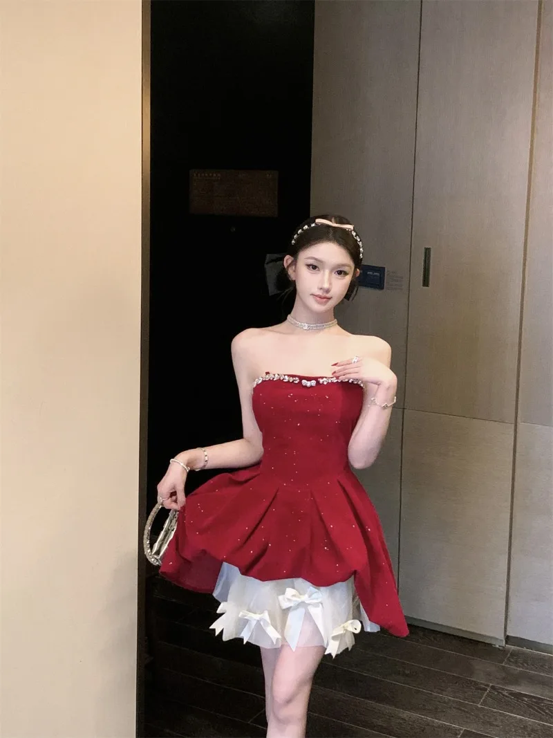 Retro Diamond Velvet Short Strapless Dress Women's Clothes A-line Slim Elegant Party Dress Bow Mesh Skirt Fashion Female Clothes