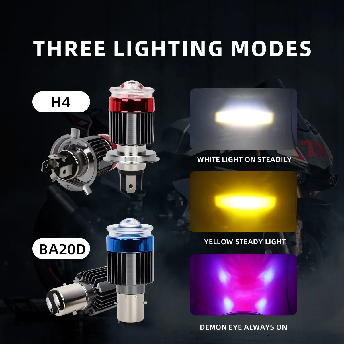 1x H4 LED Motorcycle Drivling light BA20D H6 LED White Yellow Hi/low beams with Red Angel Eye Rings For ATV UTV Running Lamp