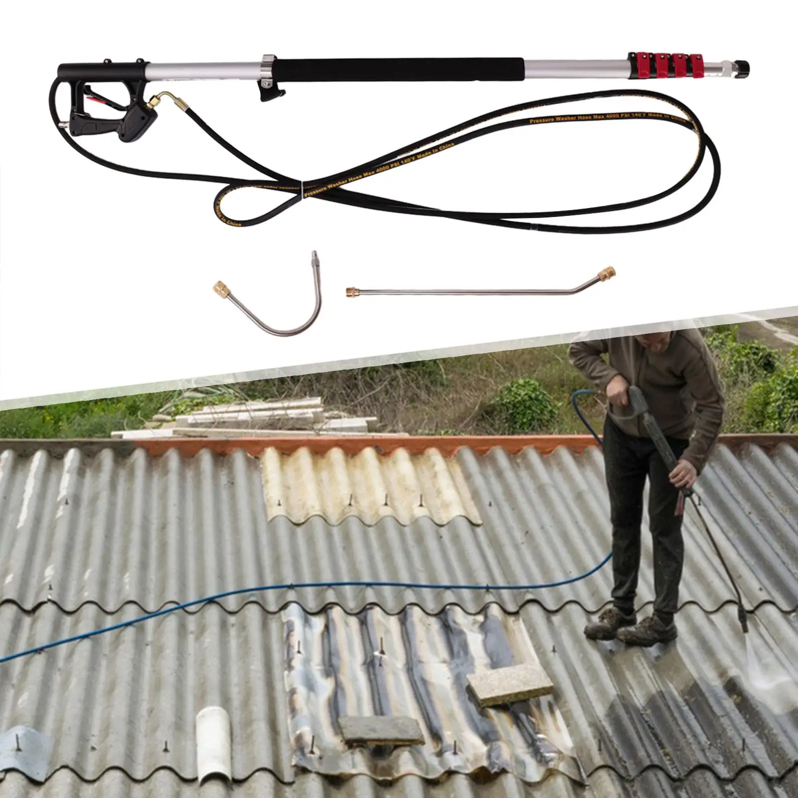 

Telescoping Pressure Washer Wand 4000psi Aluminum Adjustable Nozzle Tips Extension Hose Adapter for Roof Gutter Cleaning