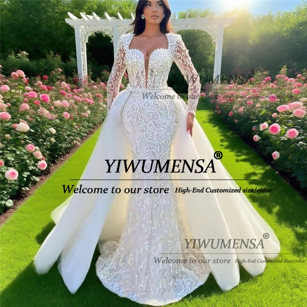 Vestidos de novia de sirena con cuentas y perlas brillantes para novia, vestidos de novia personalizados de 2 piezas con tren desmontable, vestido africano